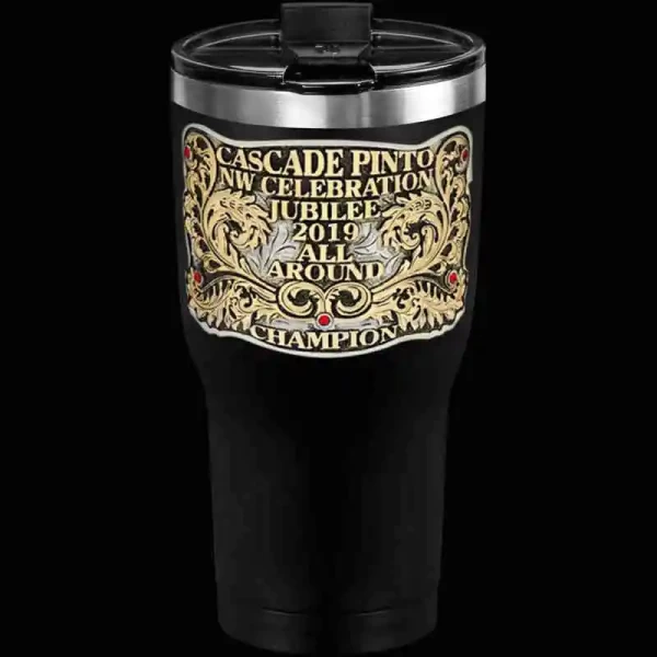Express your style with the Beetal Custom Trophy Thermal Cup. Customize it with your favorite figure, ranch brand, or logo, featuring unique organic bronze scrollwork and lettering.